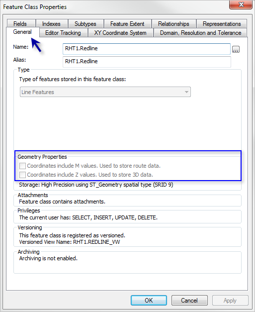 Confirming m- and z-values are disabled for the redline feature class